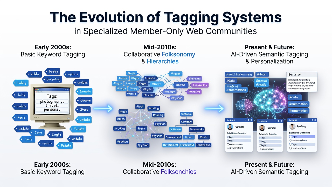 The Evolution of Tagging Systems in Specialized Member-Only Web Communities